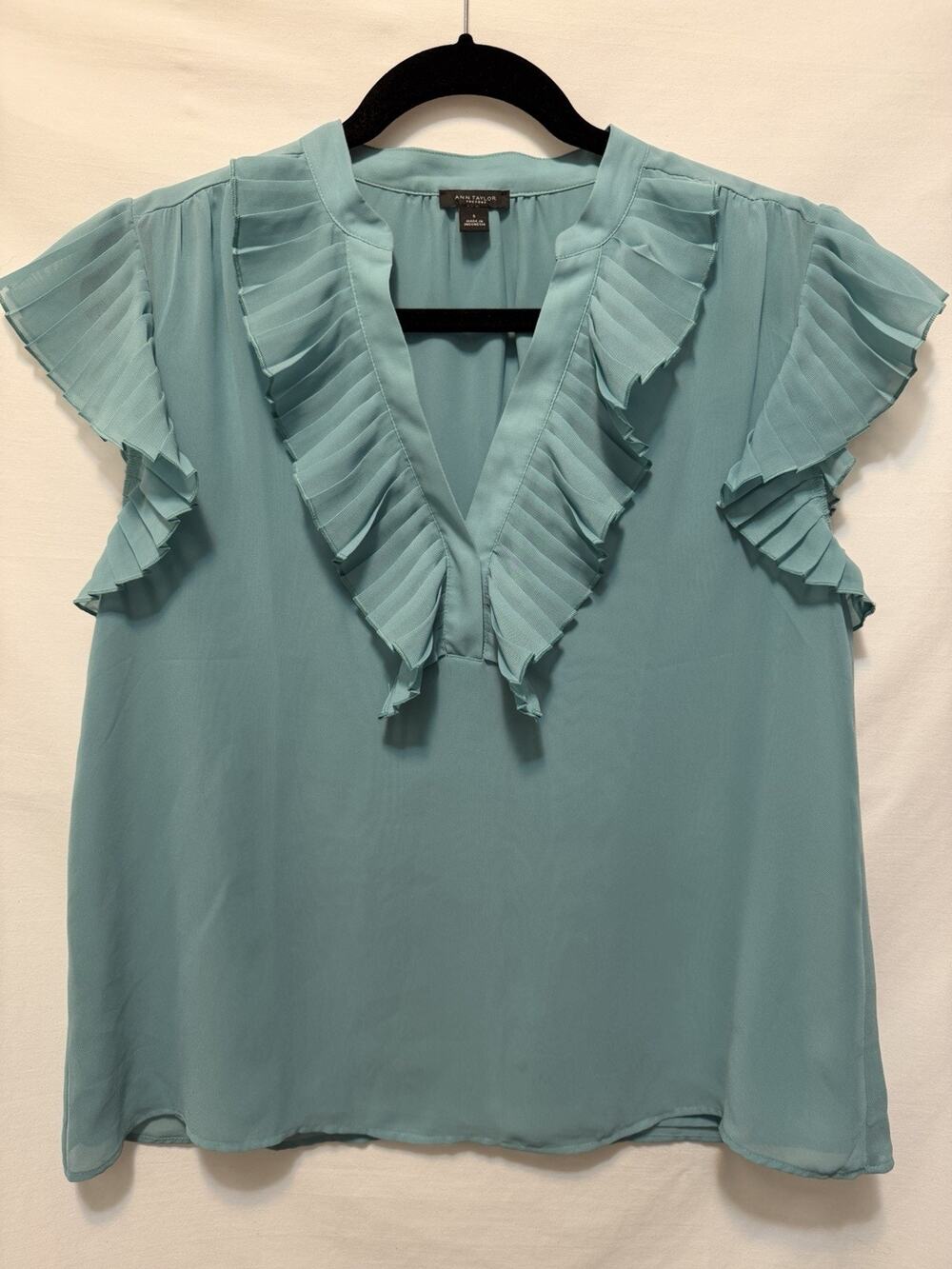 Ann Taylor Teal Green Sleeveless Blouse Women’s Sz S Pleated Ruffle Details